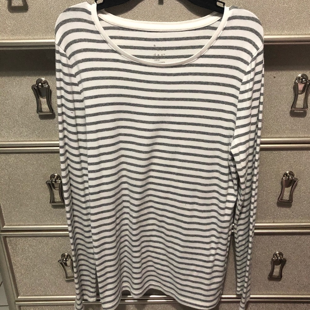 White and Gray Striped Long Sleeve Shirt